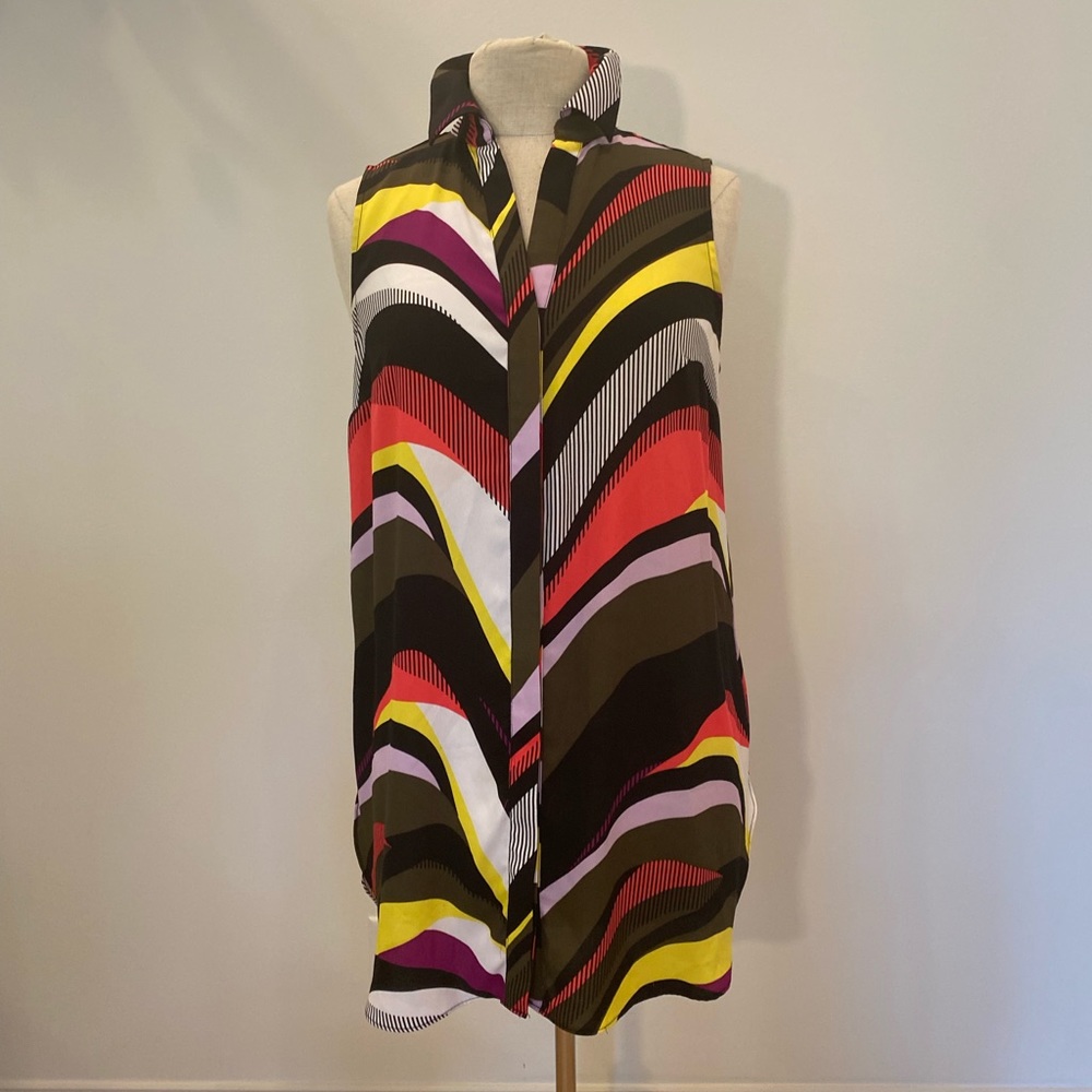 Dana Buchman Retro Pattern Long Sleeveless Button Down Shirt Fuchsia Olive Black